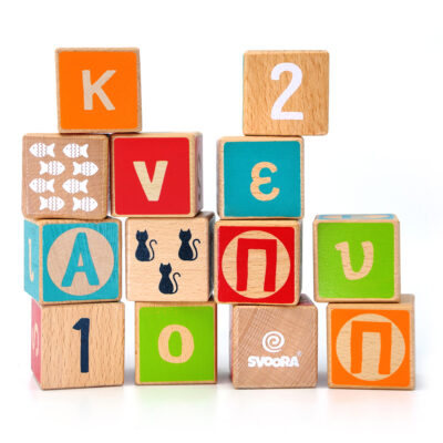 24 Wooden Blocks with Greek Letters & Numbers